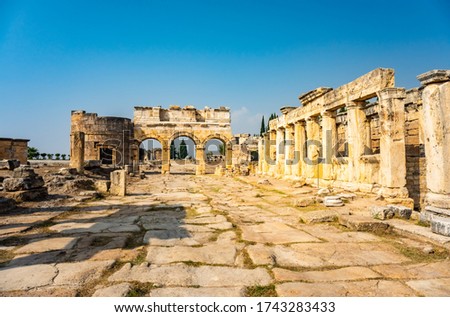 Hierapolis ancient city ruins Pamukkale Turkey. UNESCO world heritage site. Royalty-Free Stock Photo #1743283433