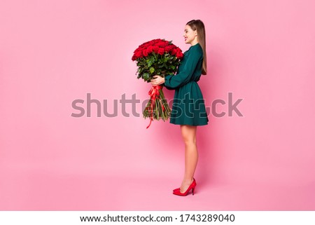 Full size profile photo of attractive lady model hold large one hundred roses bunch smelling amazing aroma wear green mini dress high-heels isolated pastel pink color background