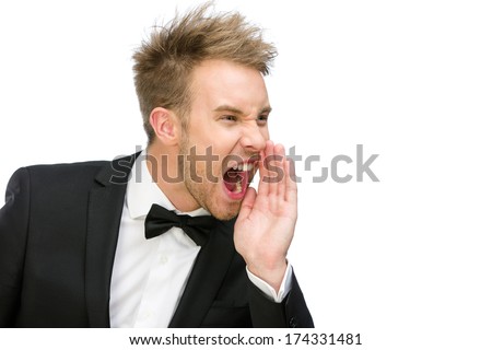 Portrait of shouting manager, isolated on white. Concept of stress and aggression