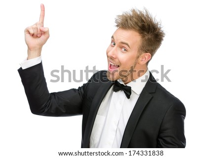 Half-length portrait of manager attention gesturing, isolated on white. Concept of leadership and success