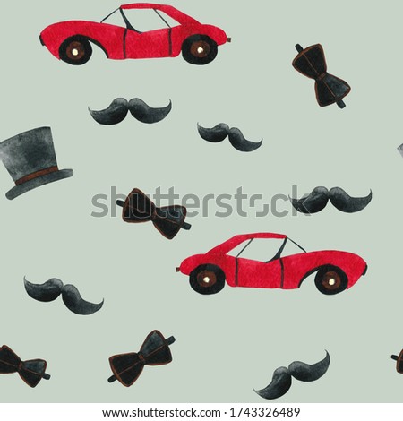 Seamless pattern with cars, with a hat and mustache, male