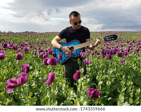attractive man standing in purple poppy field and playing guitar