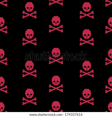 vector seamless pattern with pixel skulls and bones on  black background