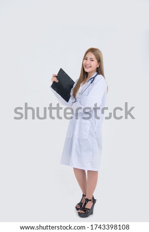 Portrait of young Female doctor with stethoscope on white background,Asian woman,Thailand people