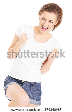 A picture of a happy woman cheering over white background