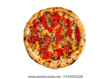 Fresh tasty pizza with chicken and ginger on a white background. Top view.