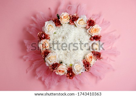 Pink digital newborn background with flowers. Close up view, professional photoshoot