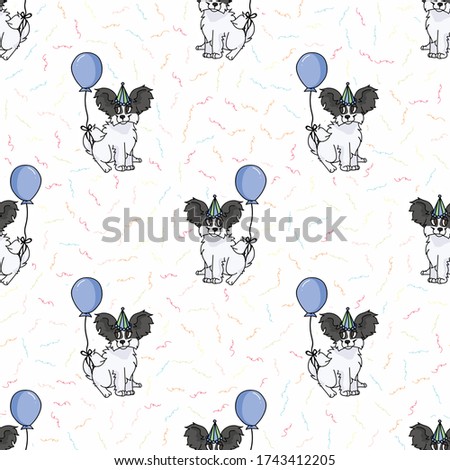 Hand drawn cute papillon puppy with party hat seamless vector pattern. Purebred pedigree puppy domestic celebration background. Dog lover toy spaniel pet all over print. Kennel pooch. EPS 10. 