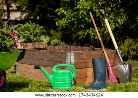 Urban garden in boxes. Wheelbarrow with gardening tools in the garden. Rakes, shovel, pitchfork, watering can. Beautiful background for the gardening concept