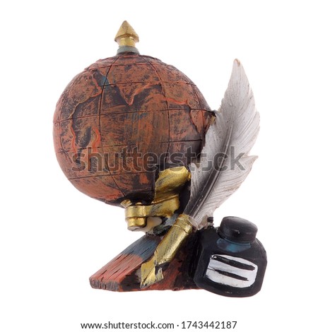 Isolated close up view of decorative old globe in cartoon style on white background.