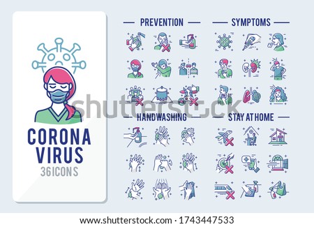 Coronavirus Symptoms and Prevention Set Icons Thin Style Pictogram Minimalist Colored Royalty-Free Stock Photo #1743447533