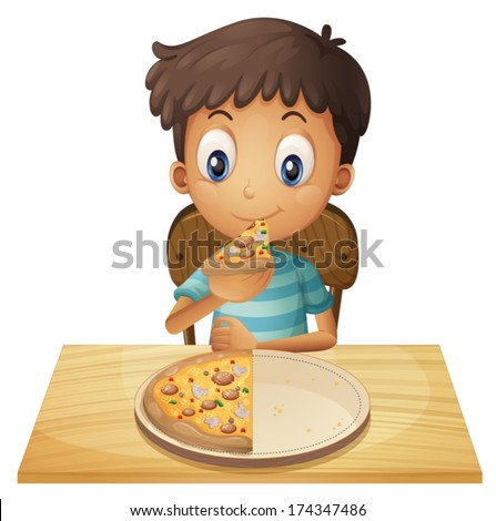 Illustration of a young boy eating pizza on a white background