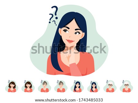 Cartoon character with thinking lady or female have problems. Women face set flat icon style vector Royalty-Free Stock Photo #1743485033