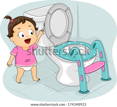 Illustration of a Little Girl Flushing the Toilet