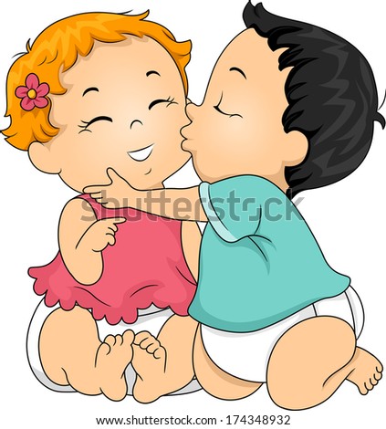 Illustration of a Baby Boy Giving a Baby Girl a Kiss on the Cheek