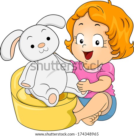 Illustration of a Little Girl Teaching Her Stuffed Bunny to Use the Potty
