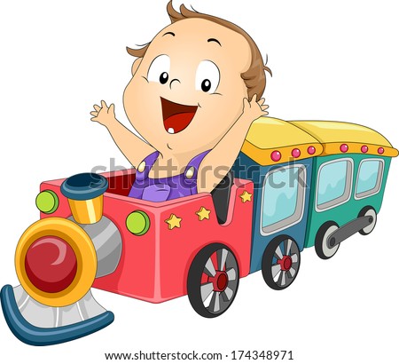 Illustration of a Baby Boy Riding a Toy Train