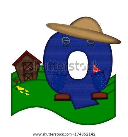 The letter Q, in the alphabet set "Down on the Farm," is dressed in denim overalls complete with pockets.  Letter sits on farm scene with rolling hills, barn, and ducks.