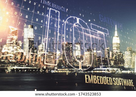 Abstract virtual IOT hologram on Manhattan office buildings background, internet of things concept. Multiexposure