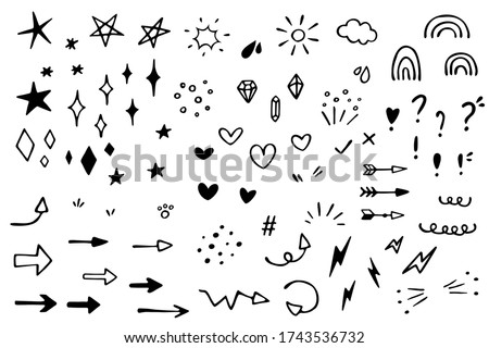 Vector set of different stars, sparkles, arrows, hearts, diamonds, signs and symbols. Hand drawn, doodle elements isolated on white background Royalty-Free Stock Photo #1743536732