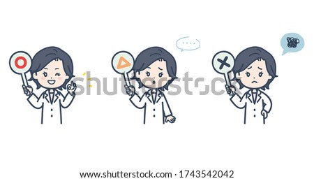 It is an illustration of a female doctor with various signs. Vector image.