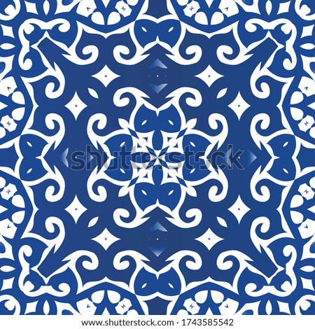 Ceramic tiles azulejo portugal. Modern design. Vector seamless pattern concept. Blue ethnic background for T-shirts, scrapbooking, linens, smartphone cases or bags.