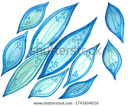 abstract watercolor pattern of light blue and turquoise leaves on a white background