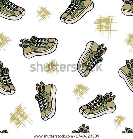 Pattern with hipsters 
sneakers, Isolated vector illustration.Style male pattern with brush   on white background