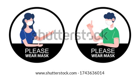 Set of Please wear mask keep distance sign. New normal social distancing banner. Health care and medical flat character vector.