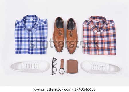 Men's fashion clothing and accessories on white background ,flat lay,
