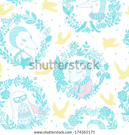 vector floral seamless pattern with floral wreathes and cute animals