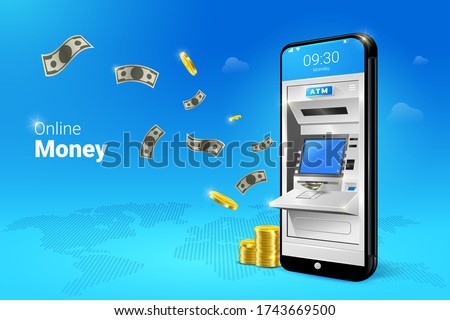 Phone with a mobile interface of the online payment, ATM, money transfers, financial transactions and digital financial services. falling Money on the Mobile ATM illustration. Royalty-Free Stock Photo #1743669500