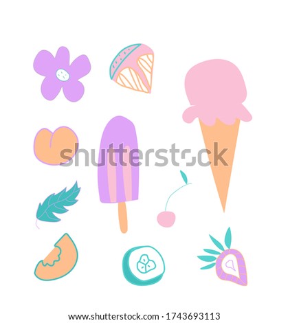 Set of cute ice cream, strawberry and orange, watermelon slices. Clip art food illustrations in flat style in blue, pink and lilac shades. Design for menus, posters, web, social networks, textiles.