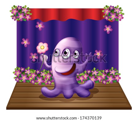 Illustration of a three-eyed purple monster at the center of the stage on a white background