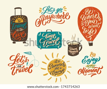 Time to travel - color handwritten lettering set. Label vector illustration isolated on white background. Posters set.