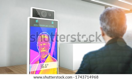 Man scanning body temperature before entering a hotel to avoid Coronavirus infection Royalty-Free Stock Photo #1743714968