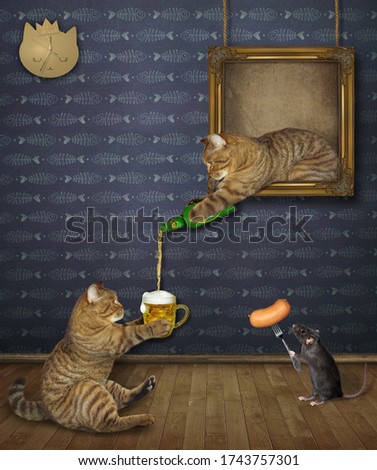 The beige cat is leaning out of the picture and pouring beer for his friend at an art gallery. A black rat feeds him a sausage on a fork.