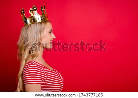 Profile side view photo of positive girl look copyspace hold golden diadem wear white clothes isolated over shine color background