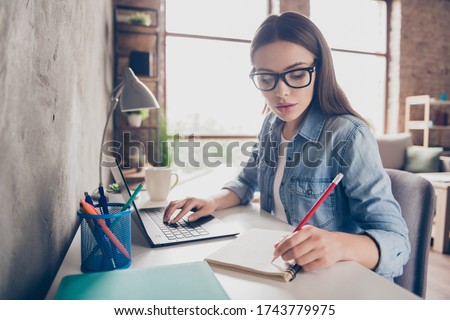 Profile photo of beautiful student busy lady browsing notebook online study concept noting copybook search information quarantine stay home sit chair desktop flat apartments indoors Royalty-Free Stock Photo #1743779975