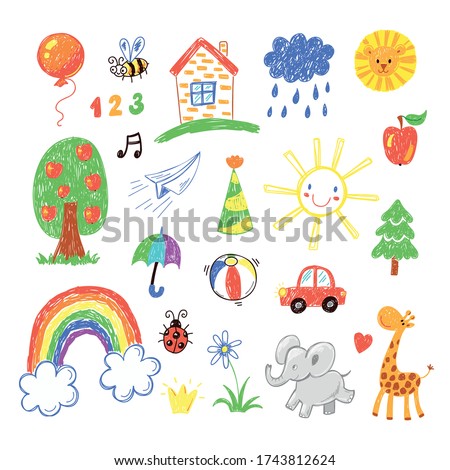 Collection of cute children's drawings of kids, animals, nature, objects Royalty-Free Stock Photo #1743812624