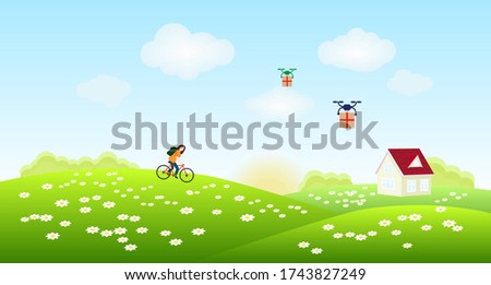 Girl on a bicycle rides through the countryside on green hills. On the horizon is a house with a red roof. Drones deliver packages of goods. Vector illustration.