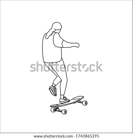 woman playing skateboard sketch blck and white background