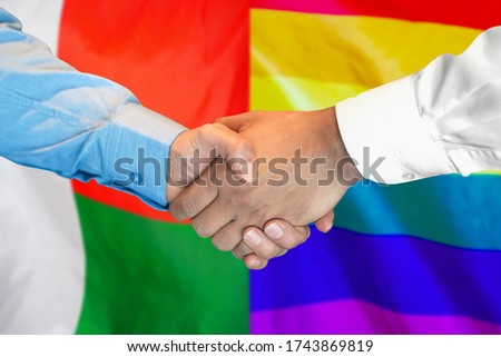 Business handshake on the background of two flags. Men handshake on the background of the Madagascar and LGBT gay flag. Support concept.