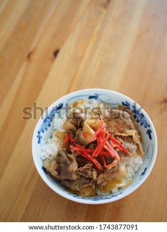 gyudon or Japanese dish consisting of a bowl of rice topped with beef and onion simmered in a mildly sweet sauce flavored with dashi(fish and seaweed stock), soy sauce, red gingger and chili. isolated