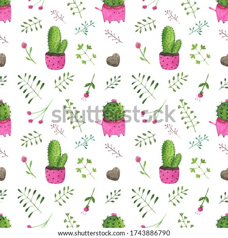 Seamless watercolor pattern with potted cacti, flowers and leaves on a white background. Perfect for the design of children's rooms, textiles, covers, packaging paper.