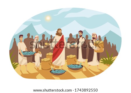 Christianity, religion, Bible concept. Saturation feeding crowd of five thousand people with two fish and five loaves by Jesus Christ son of God. New Testament biblical series cartoon illustration. Royalty-Free Stock Photo #1743892550