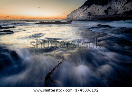Sunset in the beach of Rosh Hanikra, Northern Israel along exposure photography.
