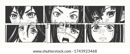 Six pairs of Asian Eyes look. Manga style. Japanese cartoon Comic concept. Anime characters. Hand drawn trendy Vector illustration. Pre-made prints. Every illustration is isolated Royalty-Free Stock Photo #1743923468