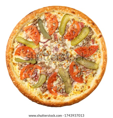 Delicious hot italian Pizza Pepperoni with beef, brisket, red onion, tomato, pickled cucumber, oregano and cheese mozzarella isolated on white background. Top view.