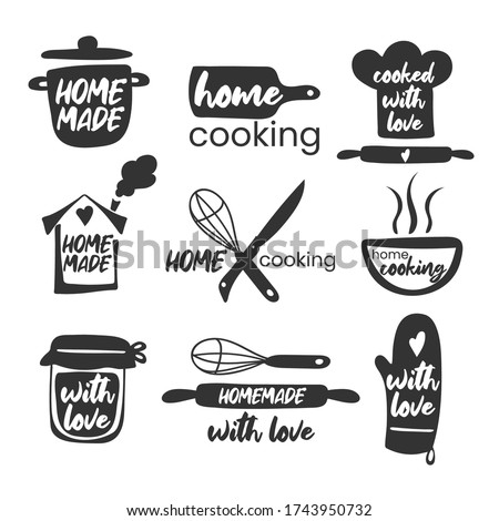 Set of hand drawn simple kitchen phrases - homemade,with love, home cooking, cooked with love. Badges, labels and logo elements, retro symbols for bakery shop, cooking club, cafe, or home cooking. Royalty-Free Stock Photo #1743950732